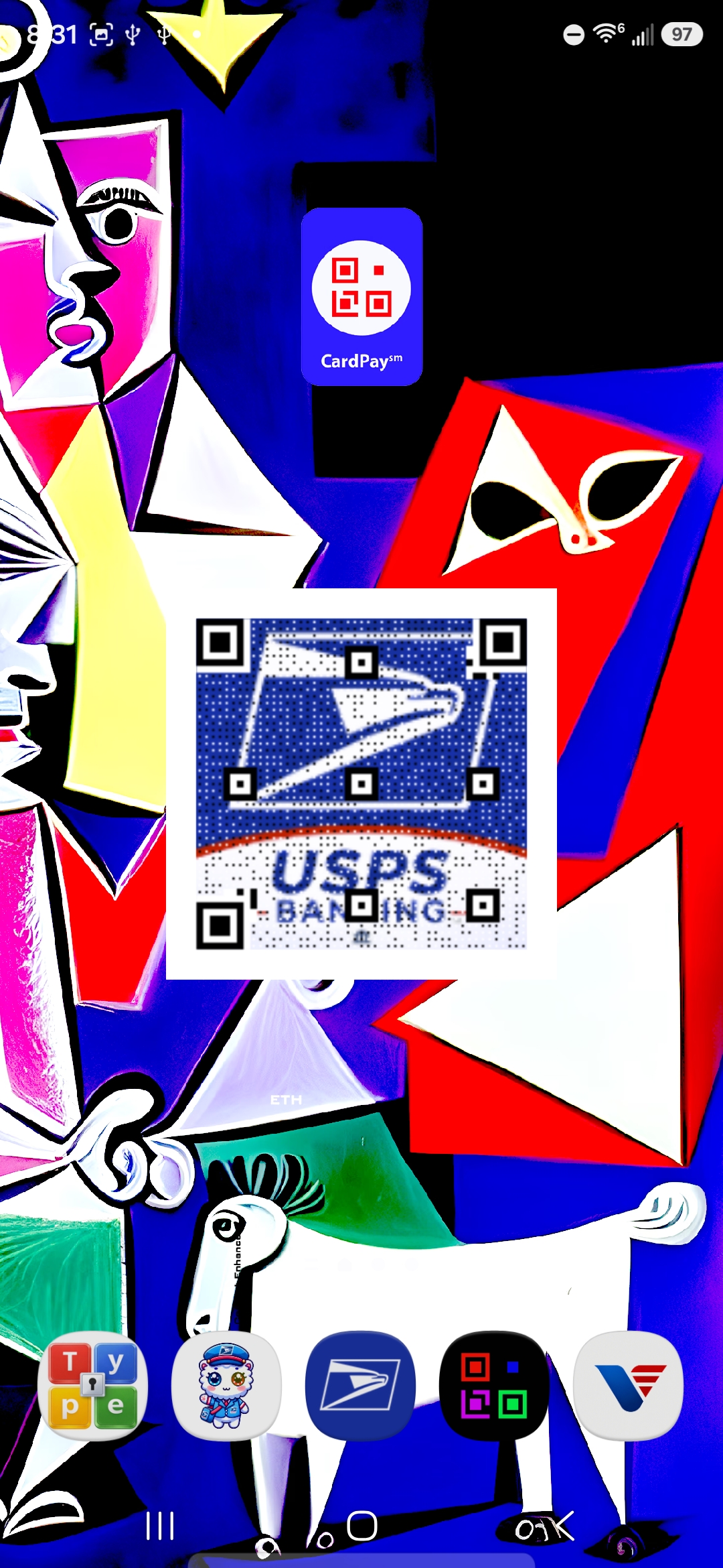 Custom Dualscan home screen with colorful artwork and preserved five-app dock